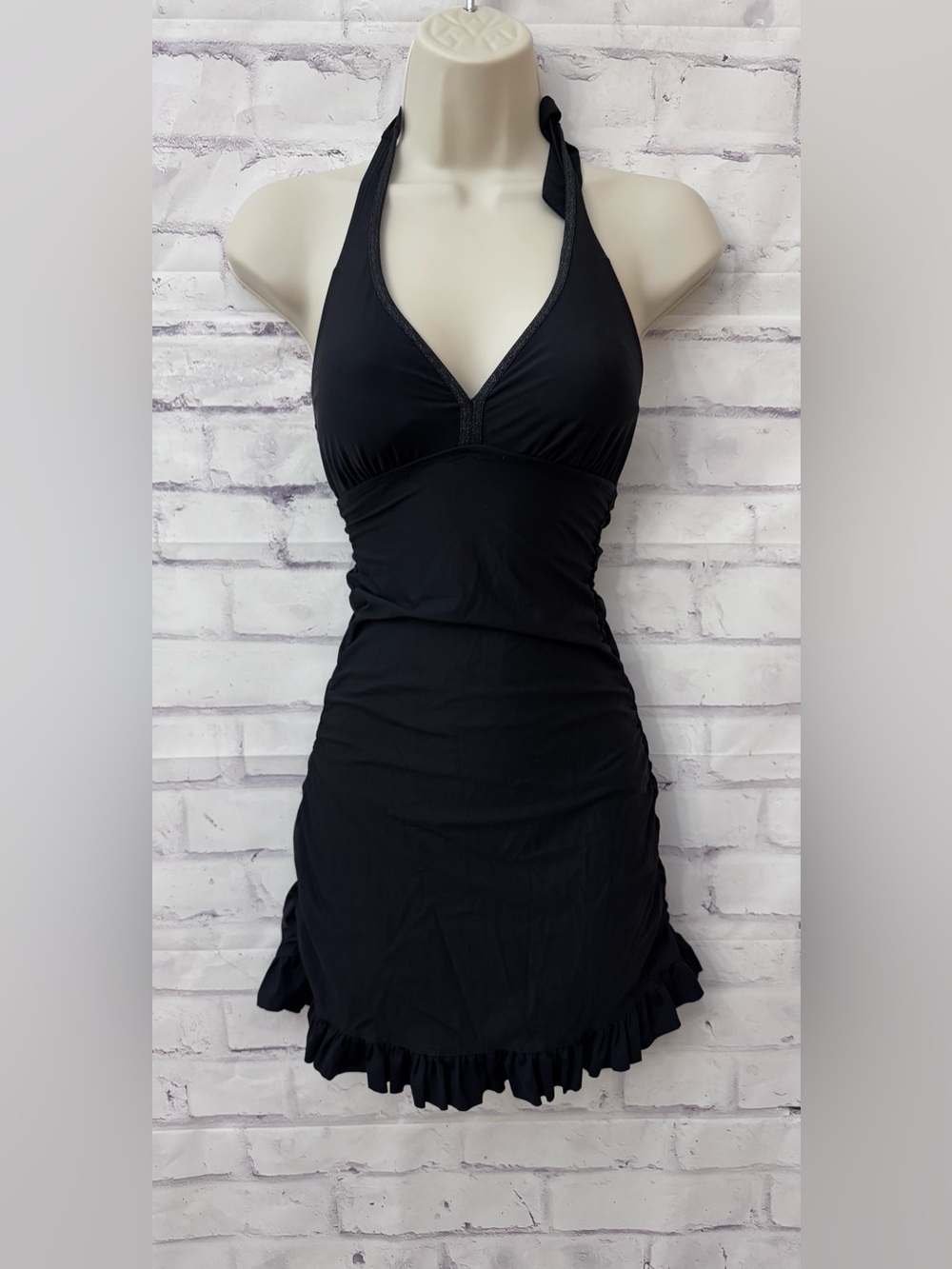 Spanx Love Your Assets Small Black Swim Dress Modest Ruffle Halter 1536